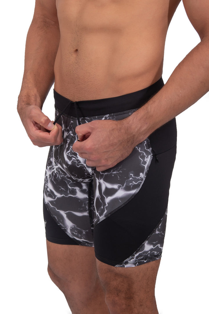 Matador Meggings Black Thunder men's compression shorts – lightning print squat-proof hybrid shorts