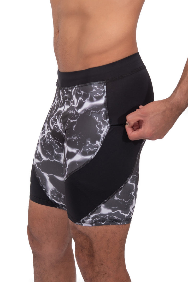 Matador Meggings Black Thunder men's compression shorts – lightning print squat-proof hybrid shorts