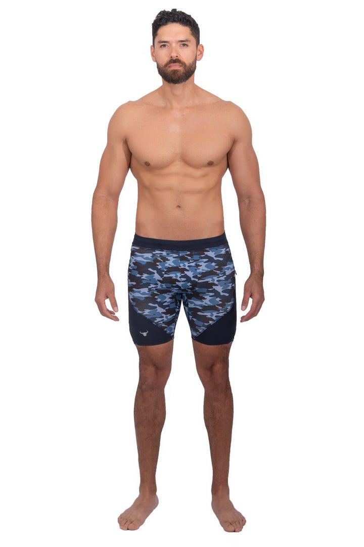 Matador Meggings Blue Camo men's compression shorts – electric blue camo squat-proof hybrid shorts
