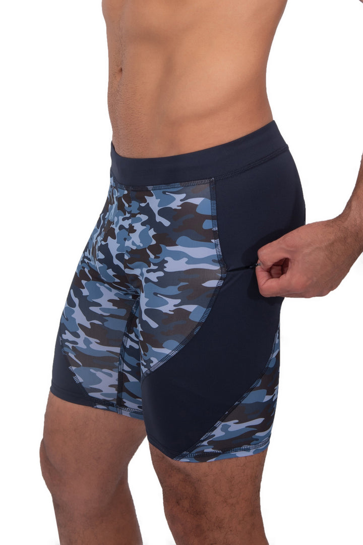 Matador Meggings Blue Camo men's compression shorts – electric blue camo squat-proof hybrid shorts