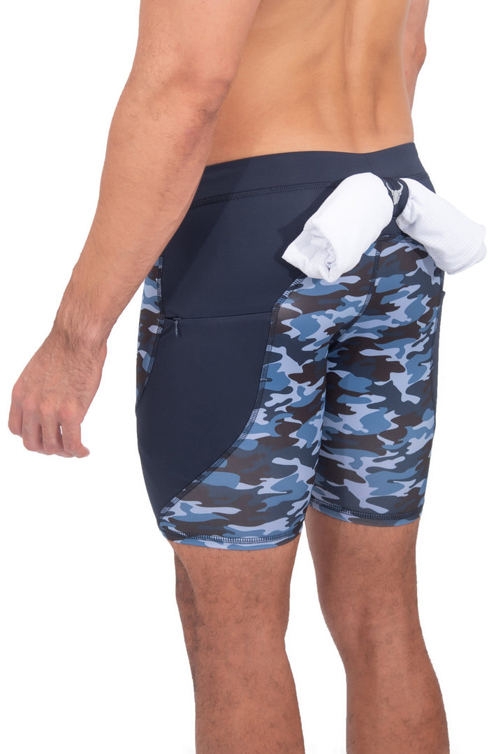 Matador Meggings Blue Camo men's compression shorts – electric blue camo squat-proof hybrid shorts