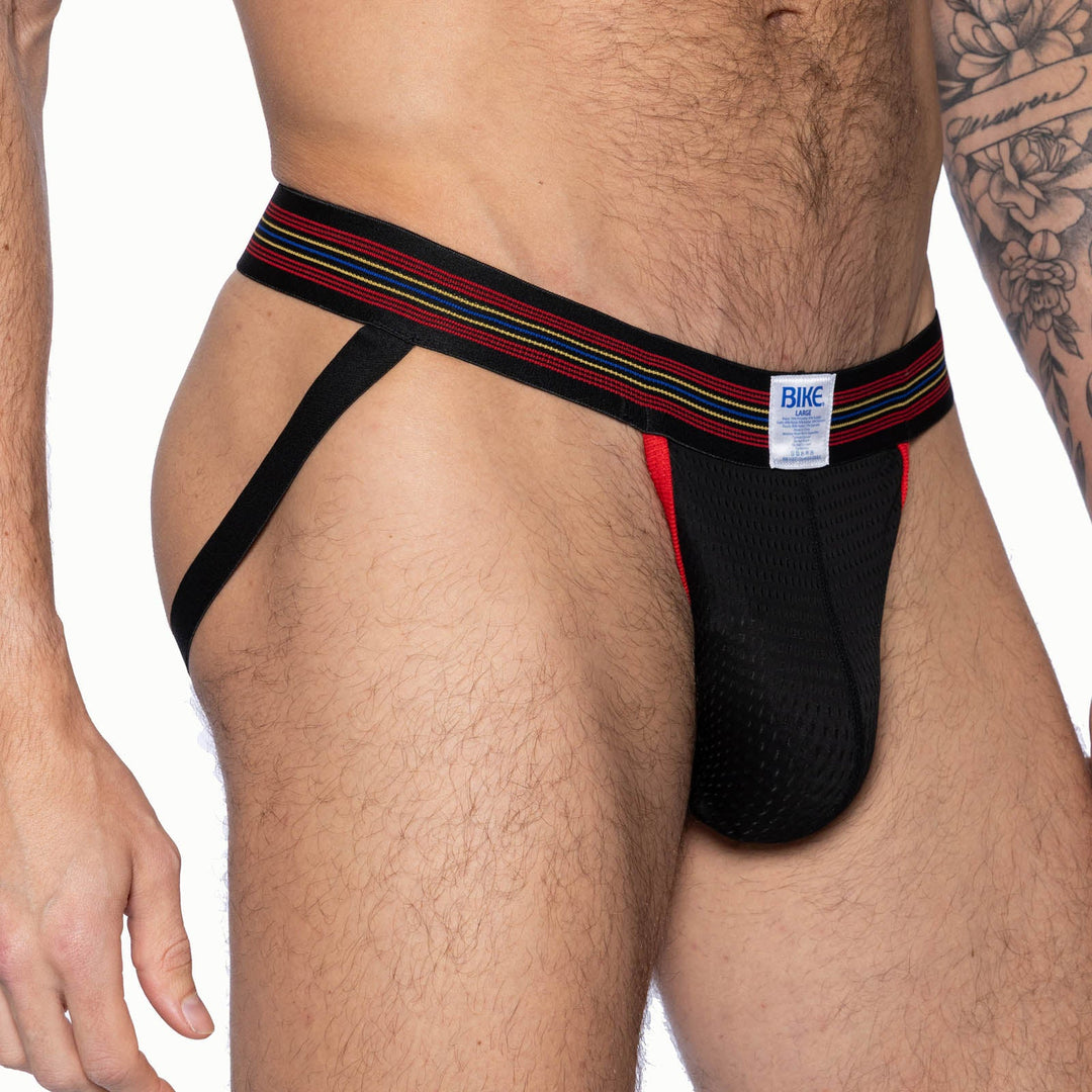 BIKE Athletic Mesh Jockstrap – Men’s Breathable Black Underwear with Signature Stripe Waistband