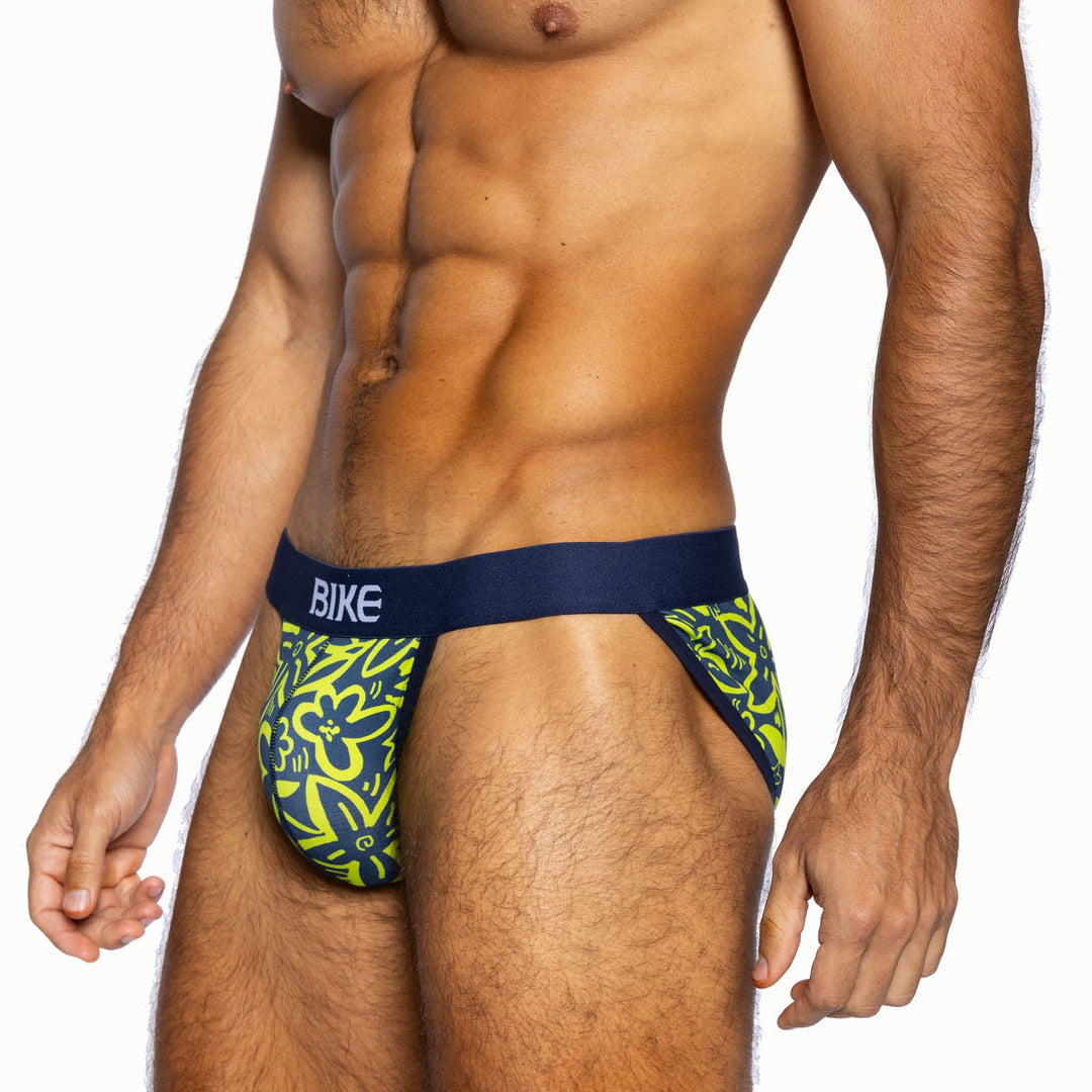 BIKE Athletic Stretch Cotton Jock Brief – Men’s "Flower Party" Print Support Briefs with Contoured Pouch