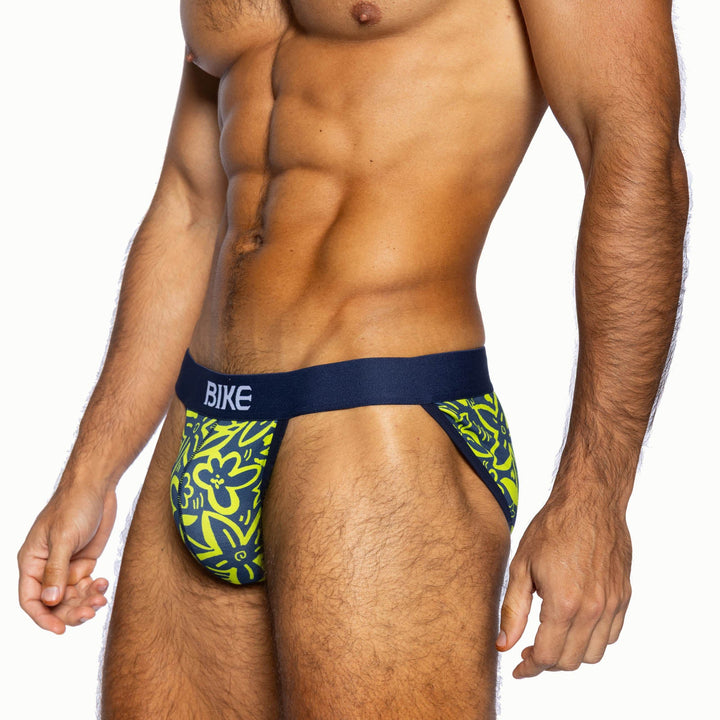 BIKE Athletic Stretch Cotton Jock Brief – Men’s "Flower Party" Print Support Briefs with Contoured Pouch