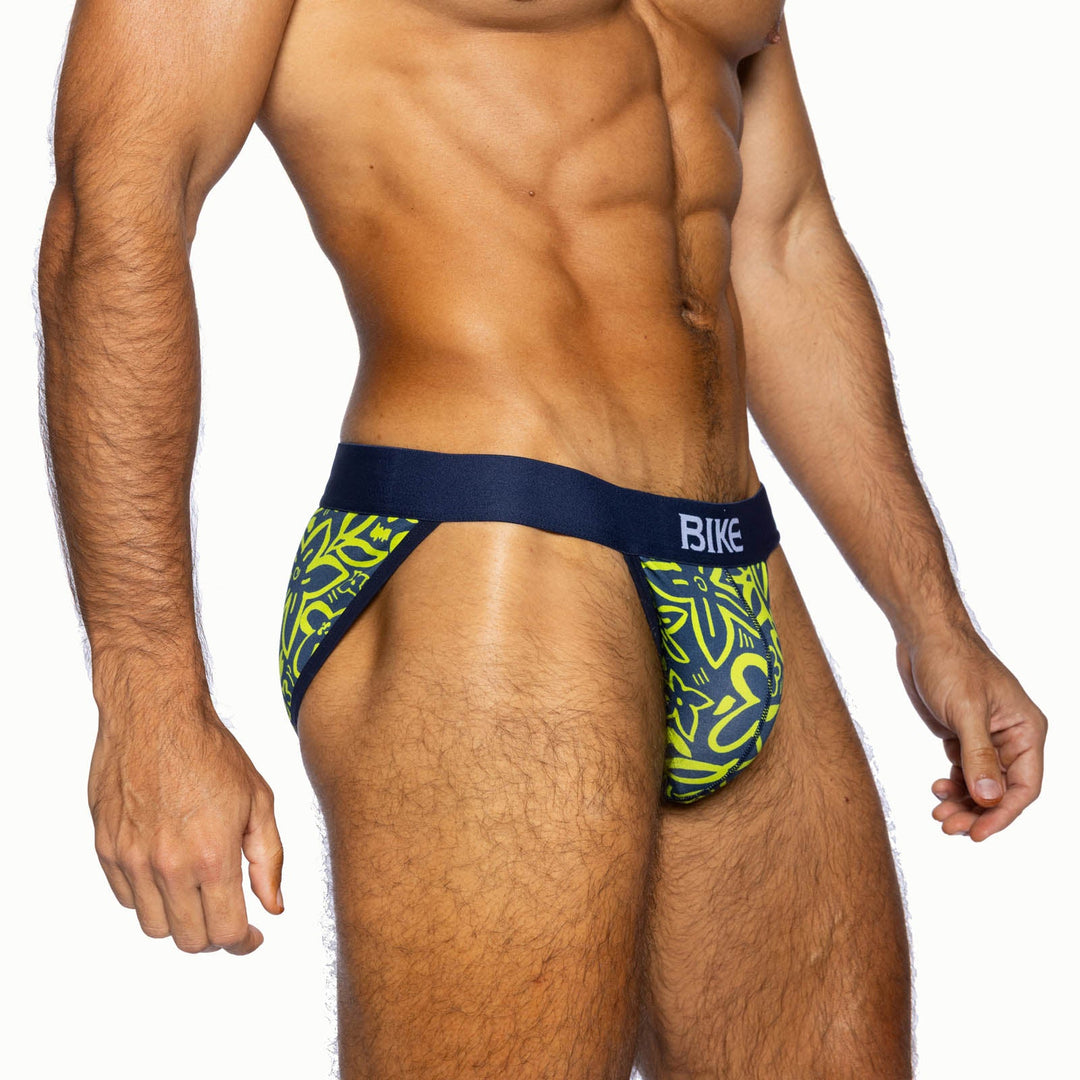 BIKE Athletic Stretch Cotton Jock Brief – Men’s "Flower Party" Print Support Briefs with Contoured Pouch