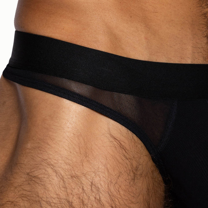 BIKE Athletic Sexy Rib Thong – Men’s Ribbed Cotton Blend Thong with Mesh Side Panels in Stock Black