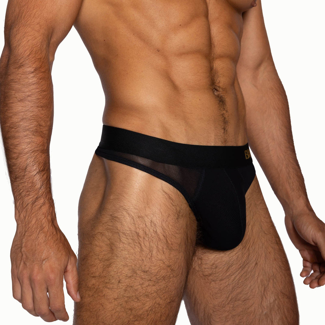 BIKE Athletic Sexy Rib Thong – Men’s Ribbed Cotton Blend Thong with Mesh Side Panels in Stock Black
