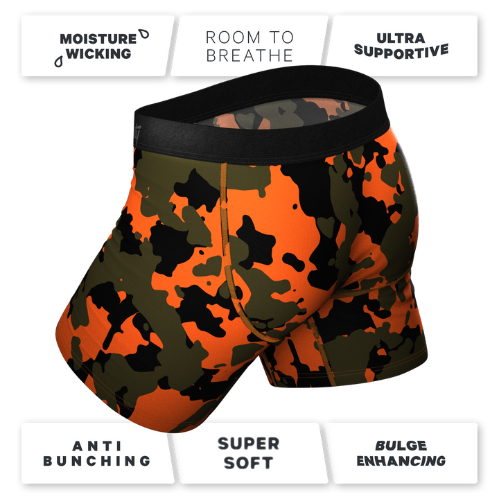 Shinesty The Bambi Bunchers orange camo deer Ball Hammock pouch underwear – men's camo print boxer briefs