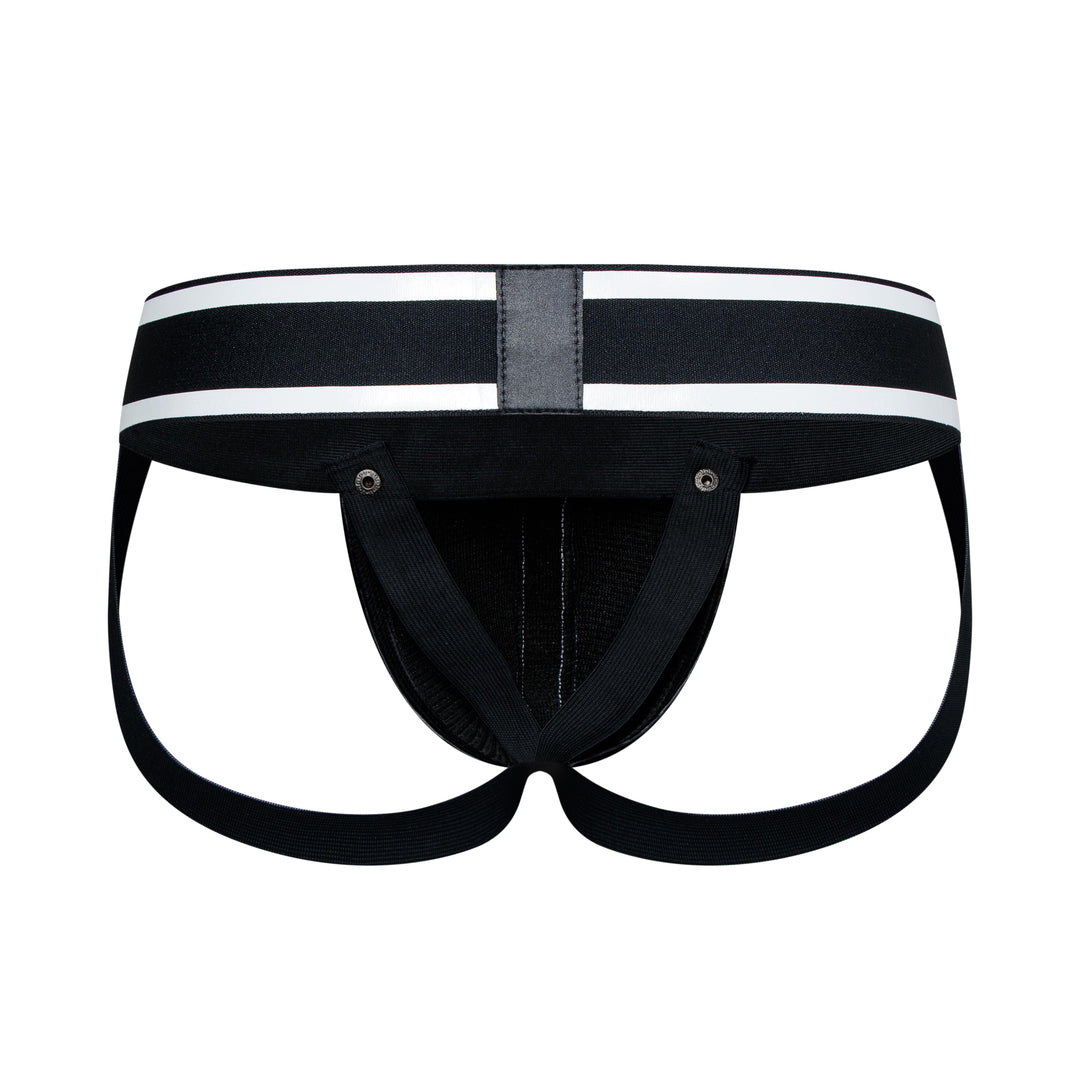 HisJock Armor Jock in black – men's faux leather snap codpiece jockstrap