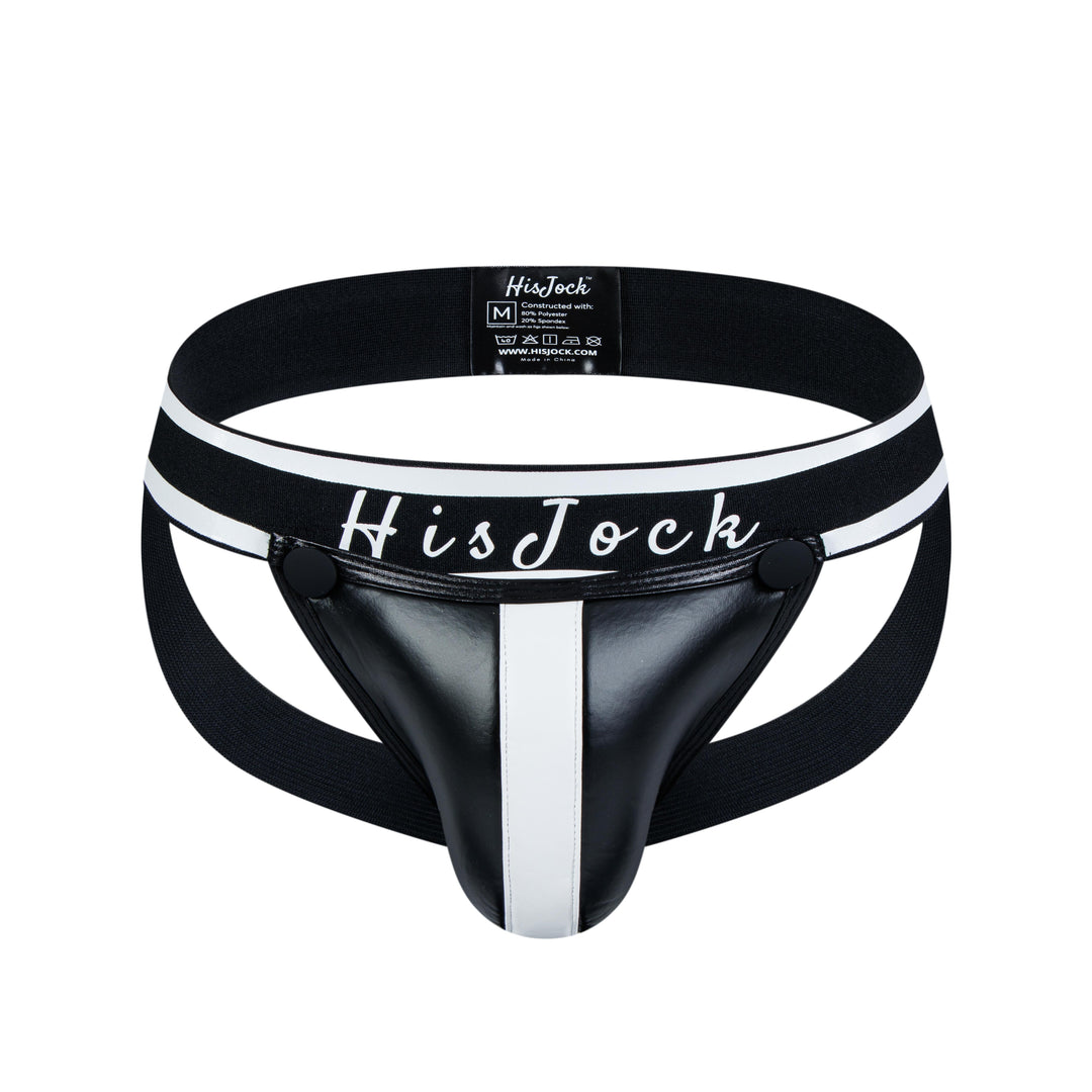 HisJock Armor Jock in black – men's faux leather snap codpiece jockstrap