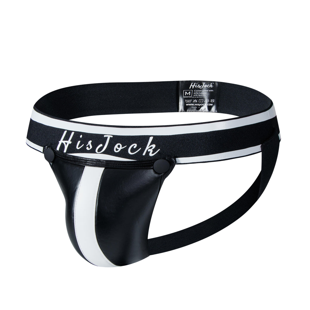 HisJock Armor Jock in black – men's faux leather snap codpiece jockstrap