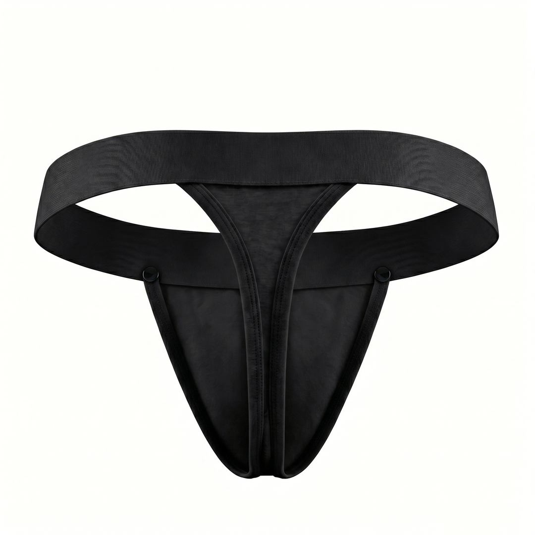 HisJock Snap Thong in black – men's snap-release thong with removable snap pouch