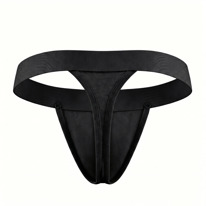 HisJock Snap Thong in black – men's snap-release thong with removable snap pouch