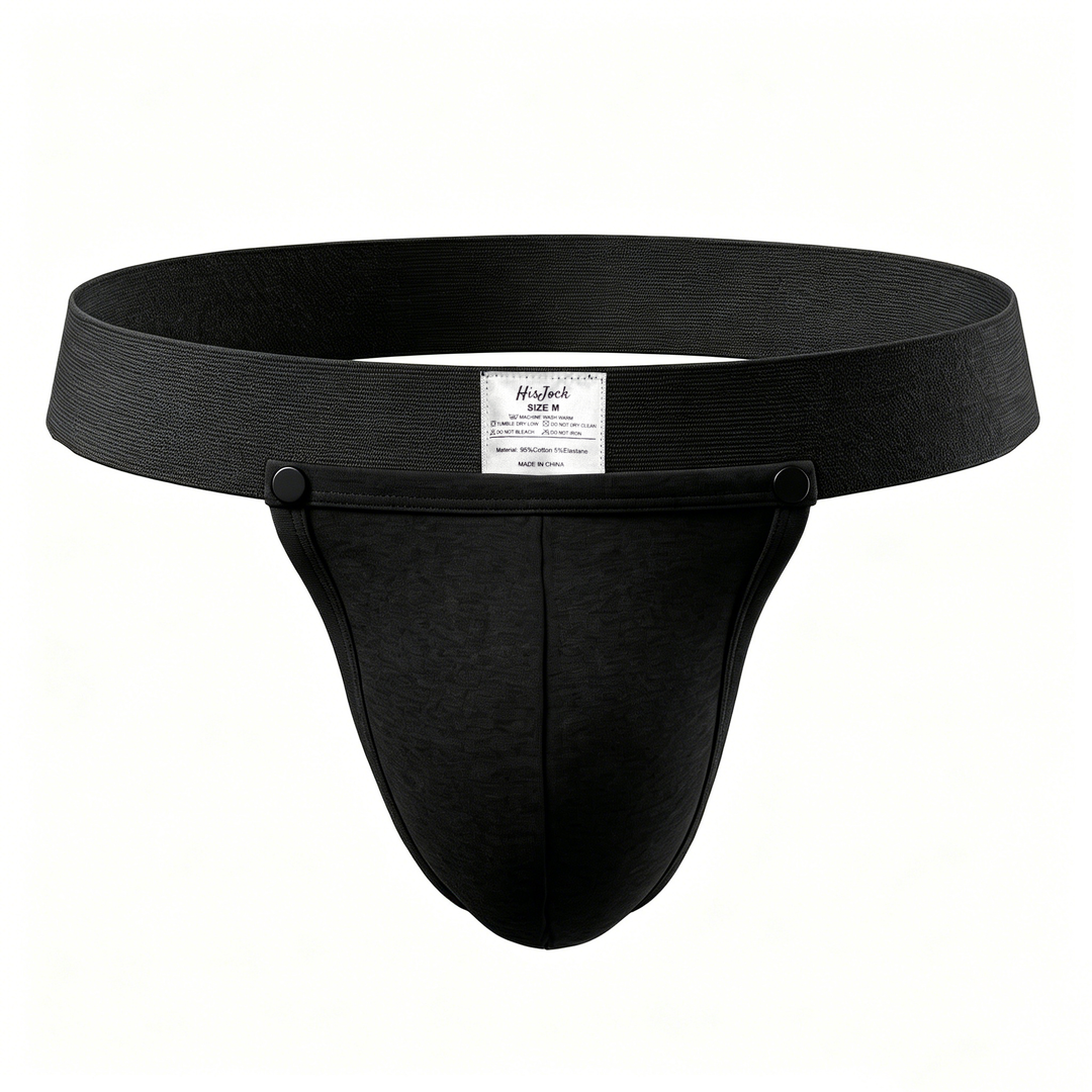 HisJock Snap Thong in black – men's snap-release thong with removable snap pouch