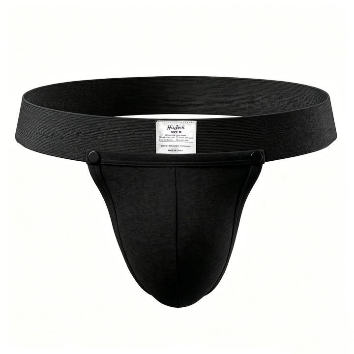 HisJock Snap Thong in black – men's snap-release thong with removable snap pouch