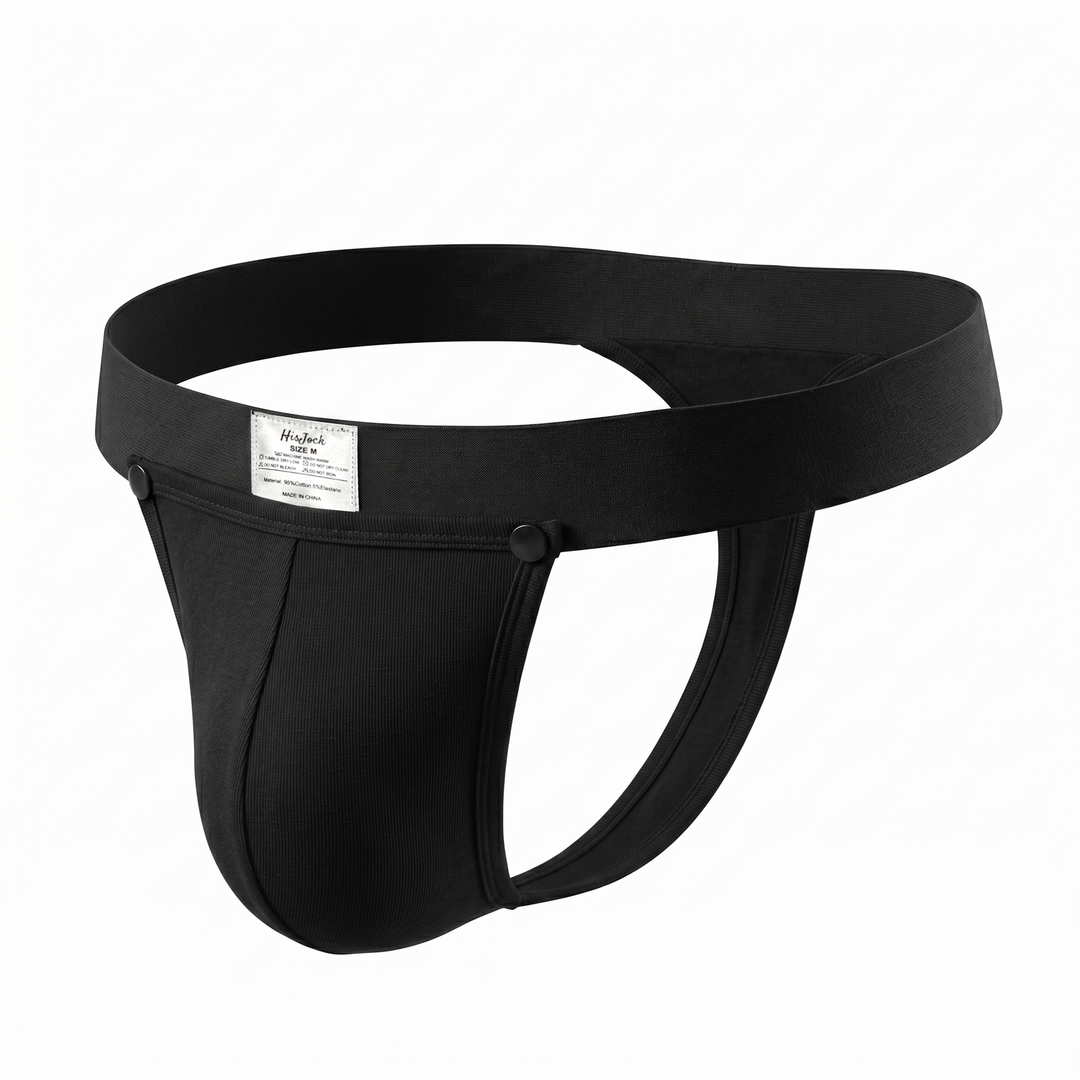 HisJock Snap Thong in black – men's snap-release thong with removable snap pouch