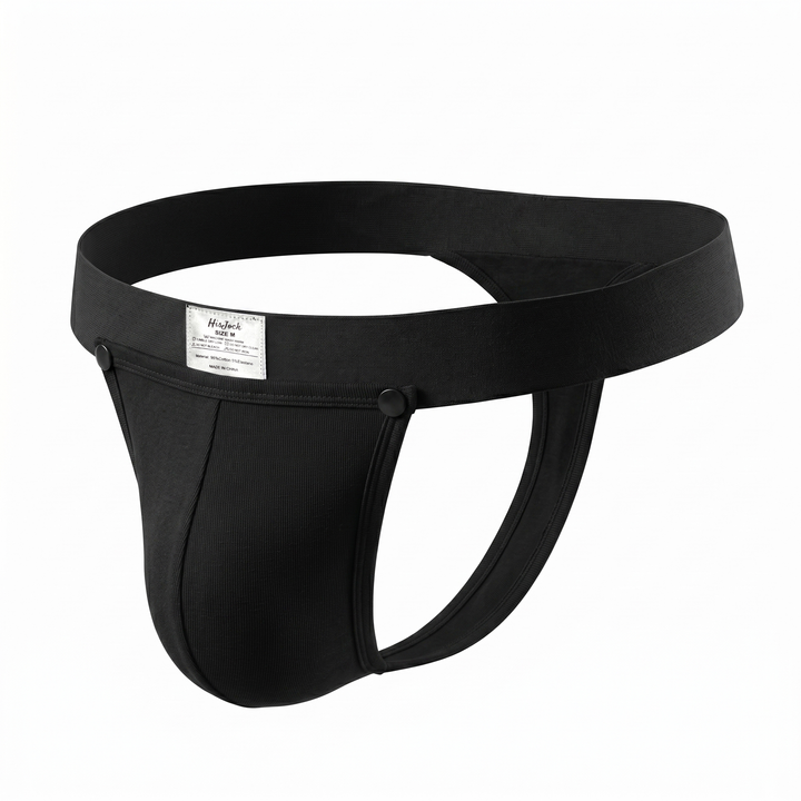 HisJock Snap Thong in black – men's snap-release thong with removable snap pouch