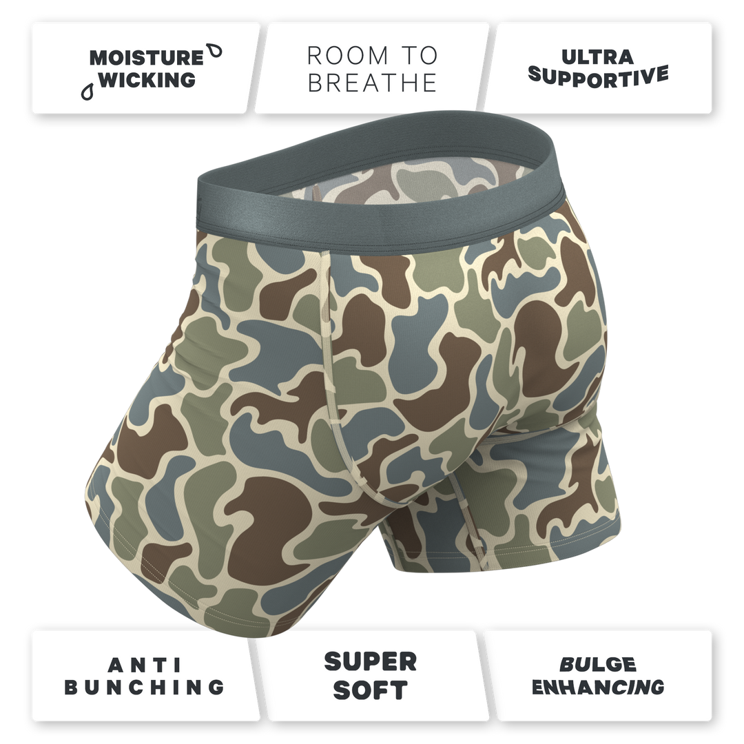 Shinesty The Blender grey duck camo Ball Hammock underwear with fly – men's grey duck camo fly boxer