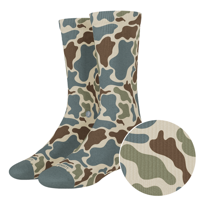 Shinesty The Blender grey duck camo Heel Hammock crew socks – men's camo pattern crew socks
