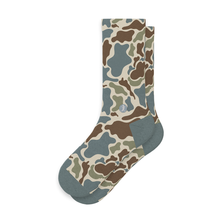 Shinesty The Blender grey duck camo Heel Hammock crew socks – men's camo pattern crew socks