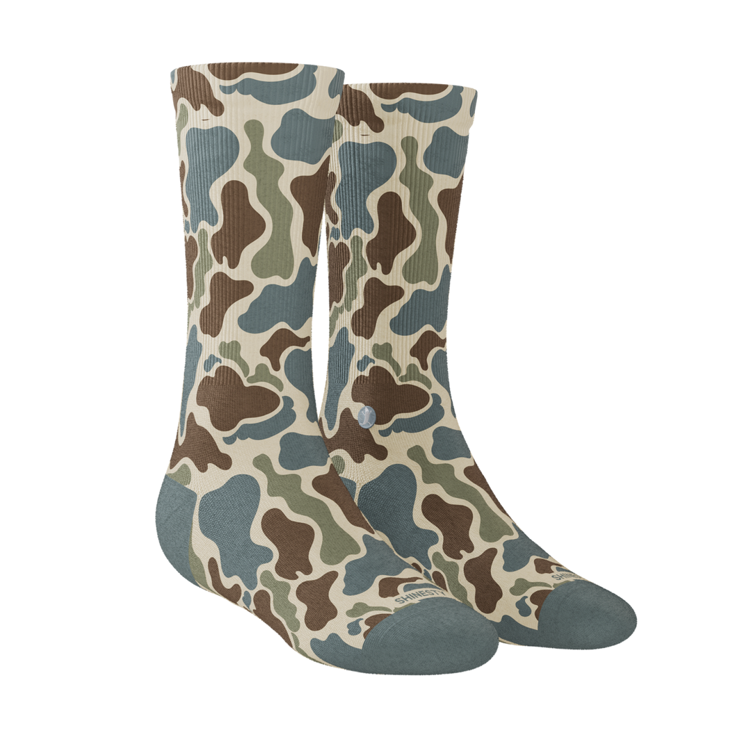 Shinesty The Blender grey duck camo Heel Hammock crew socks – men's camo pattern crew socks