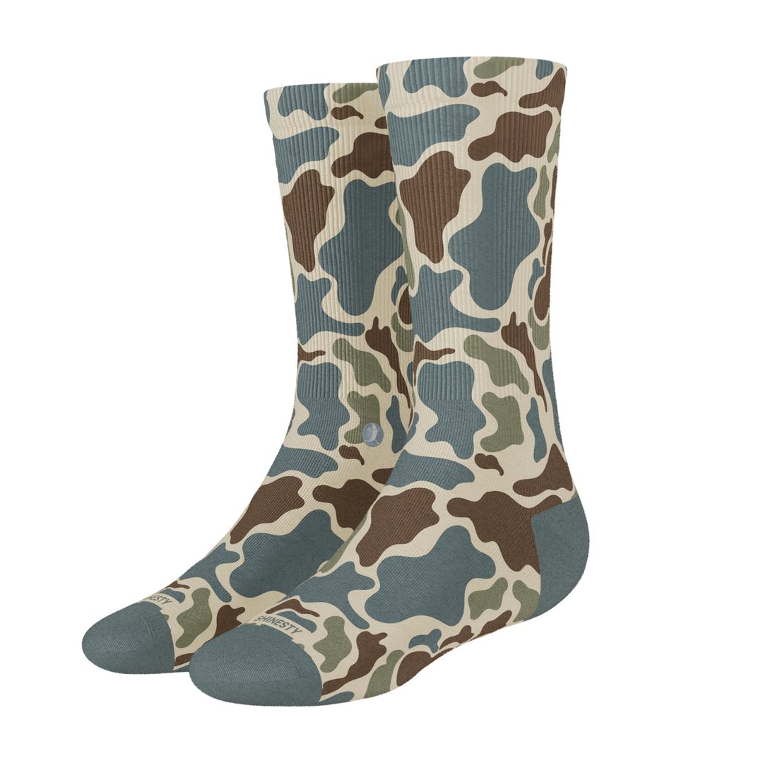 Shinesty The Blender grey duck camo Heel Hammock crew socks – men's camo pattern crew socks