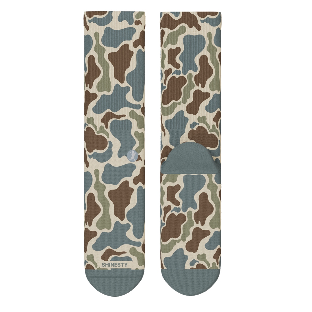Shinesty The Blender grey duck camo Heel Hammock crew socks – men's camo pattern crew socks