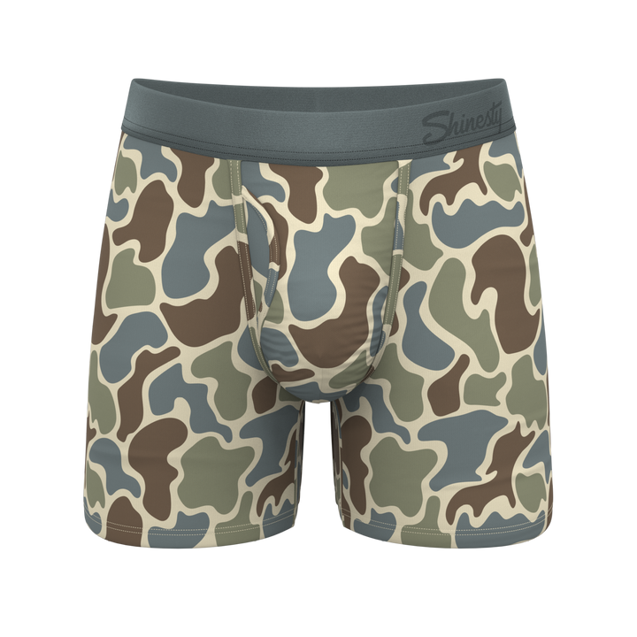Shinesty The Blender grey duck camo Ball Hammock underwear with fly – men's grey duck camo fly boxer
