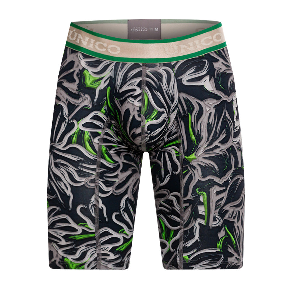 Mundo Unico Men's Athletic Microfiber Boxer Briefs - Saliente Grey & Green Stripe
