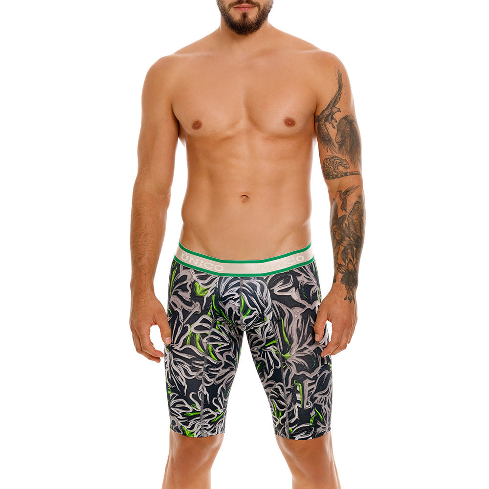 Mundo Unico Men's Athletic Microfiber Boxer Briefs - Saliente Grey & Green Stripe