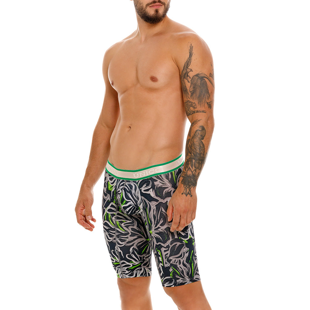 Mundo Unico Men's Athletic Microfiber Boxer Briefs - Saliente Grey & Green Stripe