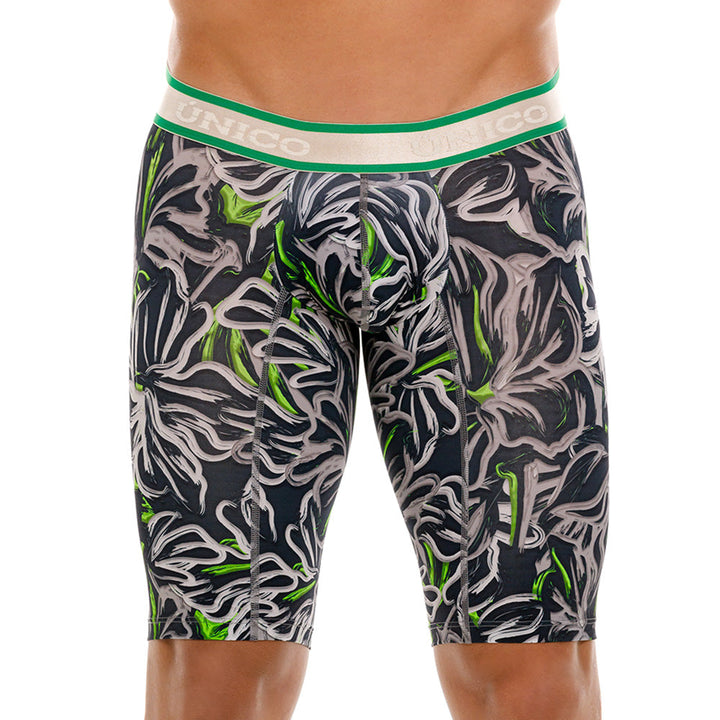 Mundo Unico Men's Athletic Microfiber Boxer Briefs - Saliente Grey & Green Stripe
