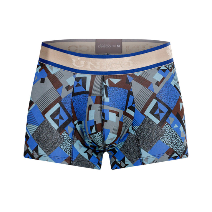 Mundo Unico Men's Central Short Boxer Briefs - Blue Printed Cotton with Grey Logo Waistband