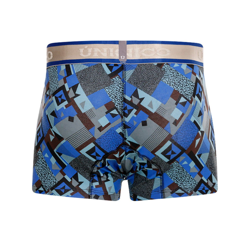 Mundo Unico Men's Central Short Boxer Briefs - Blue Printed Cotton with Grey Logo Waistband