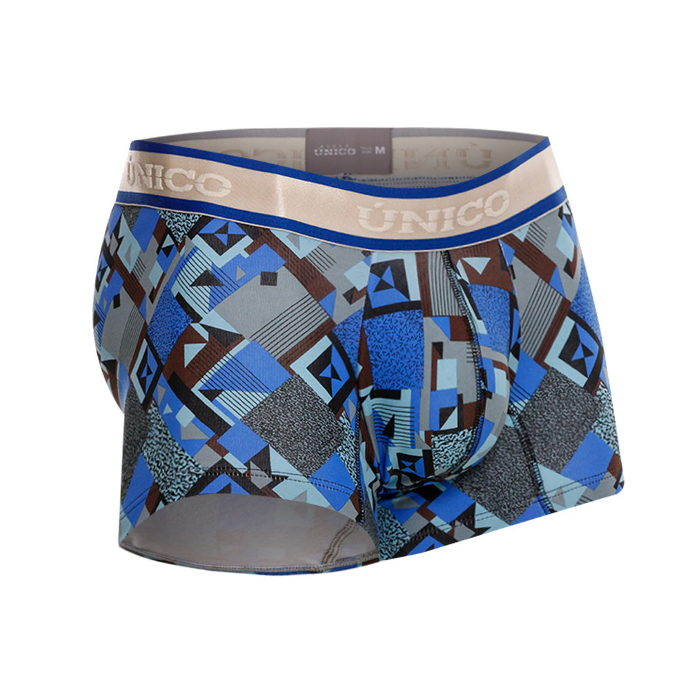Mundo Unico Men's Central Short Boxer Briefs - Blue Printed Cotton with Grey Logo Waistband