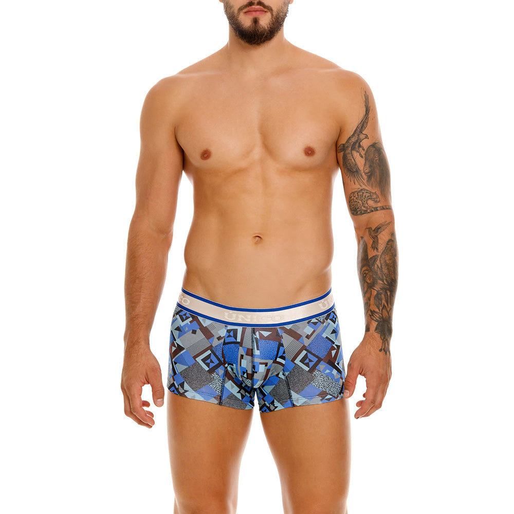 Mundo Unico Men's Central Short Boxer Briefs - Blue Printed Cotton with Grey Logo Waistband