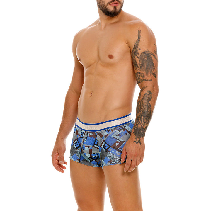Mundo Unico Men's Central Short Boxer Briefs - Blue Printed Cotton with Grey Logo Waistband