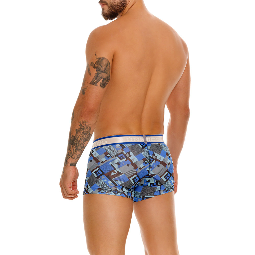 Mundo Unico Men's Central Short Boxer Briefs - Blue Printed Cotton with Grey Logo Waistband