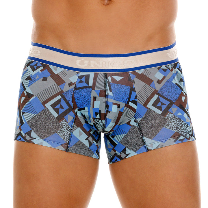 Mundo Unico Men's Central Short Boxer Briefs - Blue Printed Cotton with Grey Logo Waistband