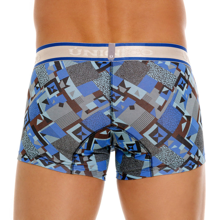 Mundo Unico Men's Central Short Boxer Briefs - Blue Printed Cotton with Grey Logo Waistband