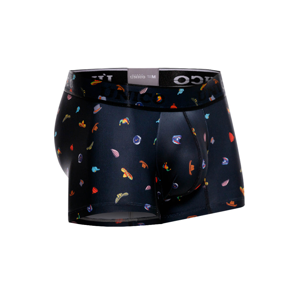 Unico Men's Short Boxer Brief Trunk - Black Hat Print Microfiber Underwear