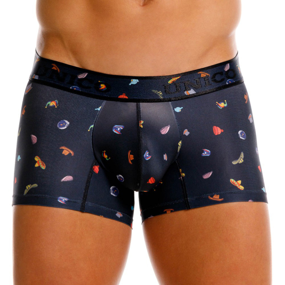 Unico Men's Short Boxer Brief Trunk - Black Hat Print Microfiber Underwear