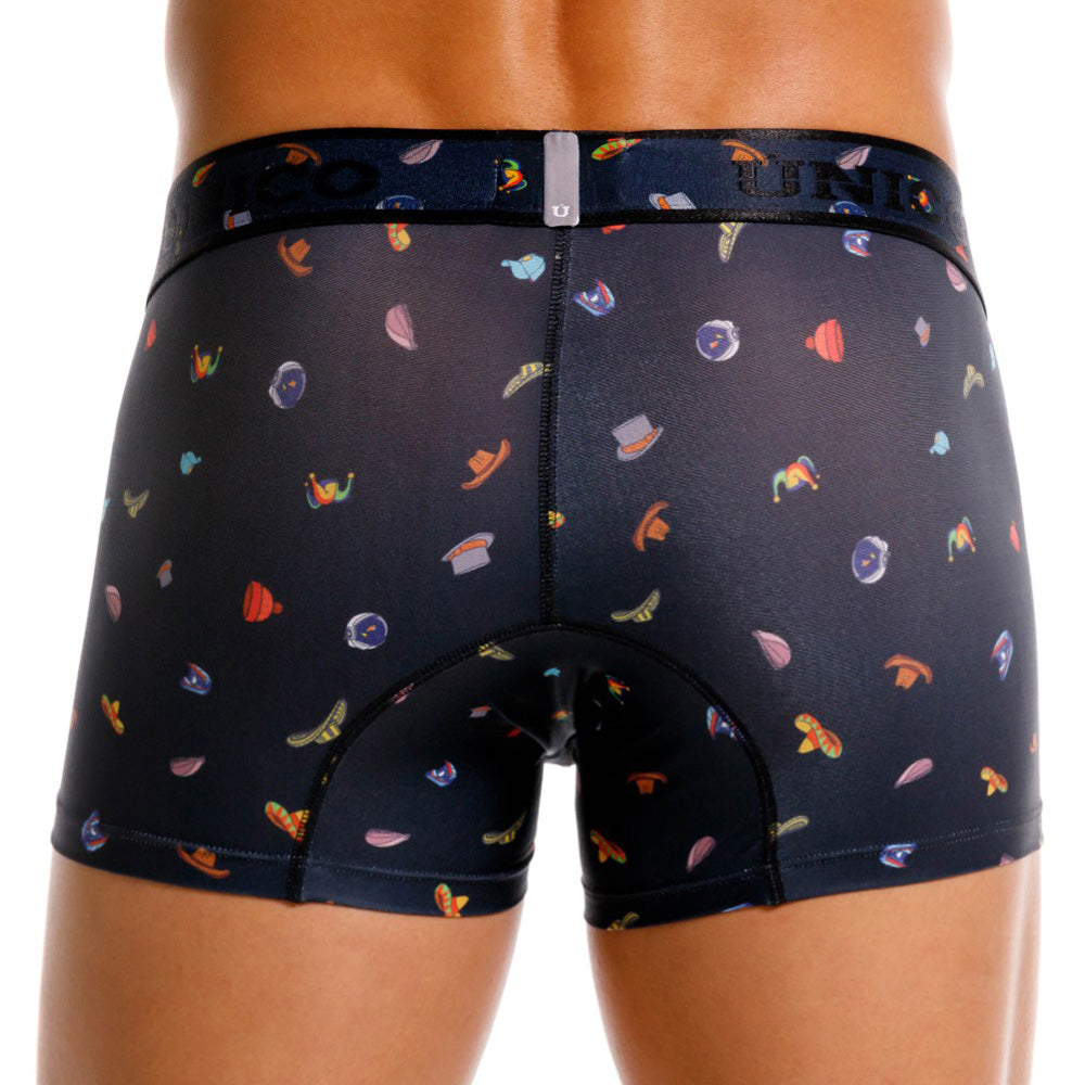 Unico Men's Short Boxer Brief Trunk - Black Hat Print Microfiber Underwear