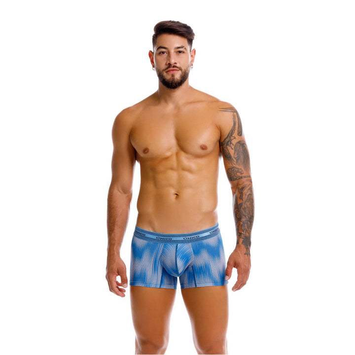 Mundo Unico men's blue printed microfiber short boxer Folio – lifestyle view