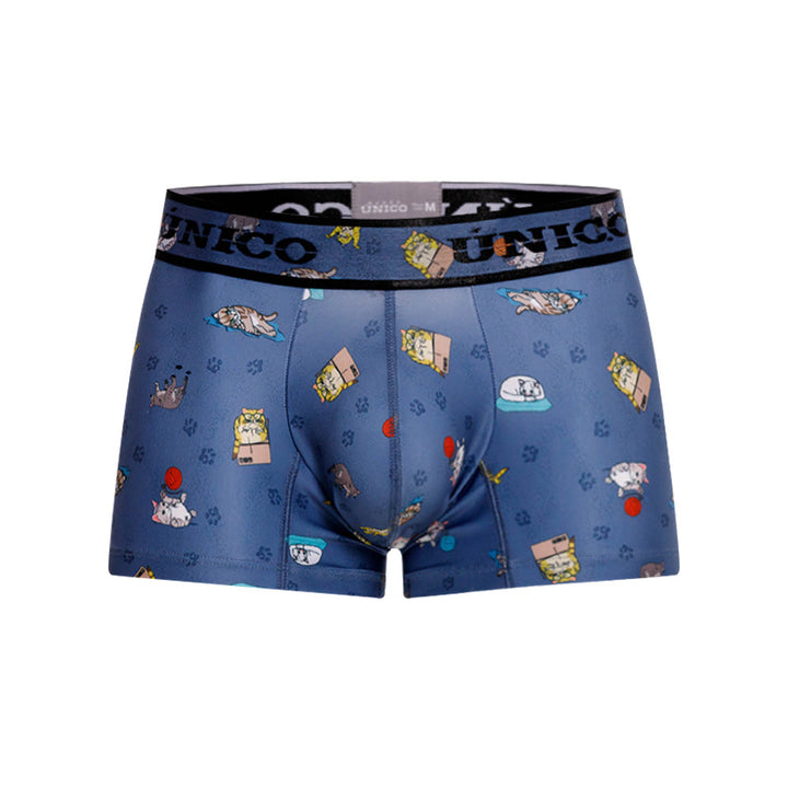 Unico Micho Men's Short Boxer Brief - Blue with Cat Print