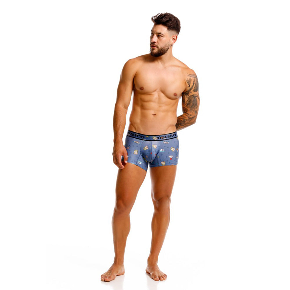 Unico Micho Men's Short Boxer Brief - Blue with Cat Print