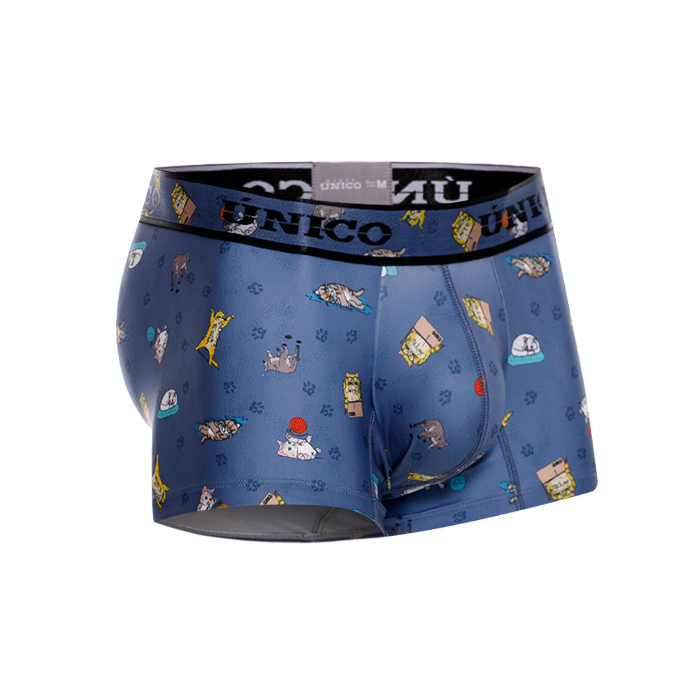 Unico Micho Men's Short Boxer Brief - Blue with Cat Print