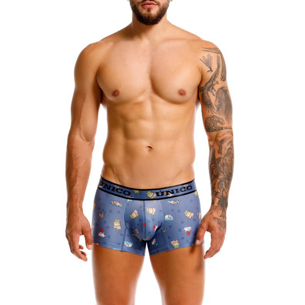 Unico Micho Men's Short Boxer Brief - Blue with Cat Print