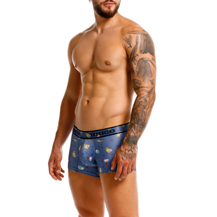 Unico Micho Men's Short Boxer Brief - Blue with Cat Print
