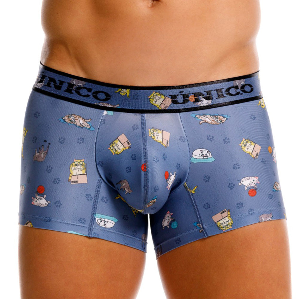 Unico Micho Men's Short Boxer Brief - Blue with Cat Print